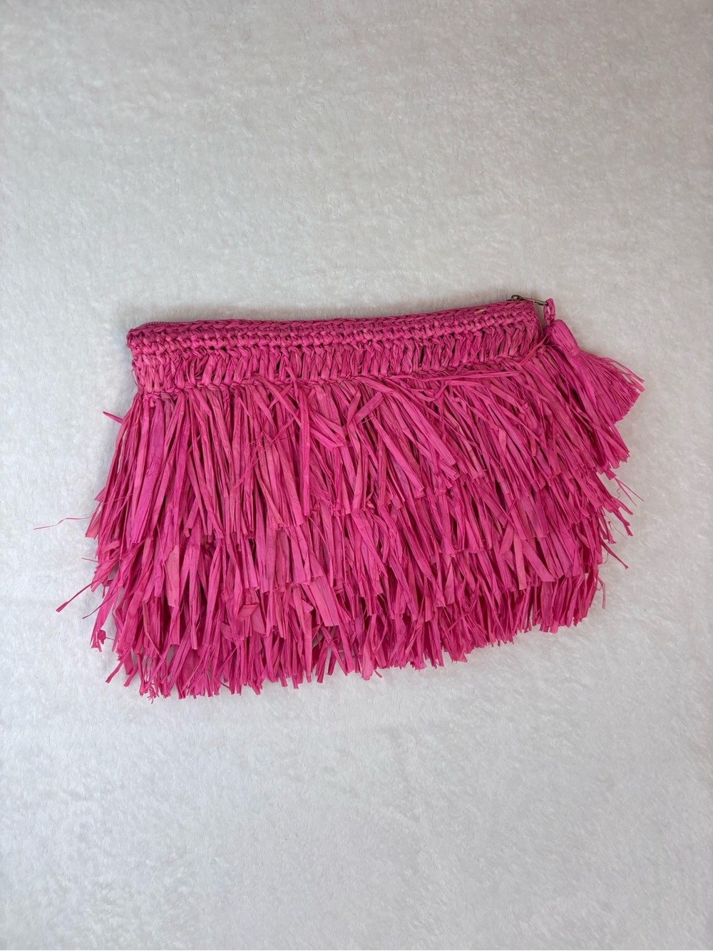 Pink Shaggy Raffia Fringe Clutch bag Lisi Lerch resort maximalist sophisticated
